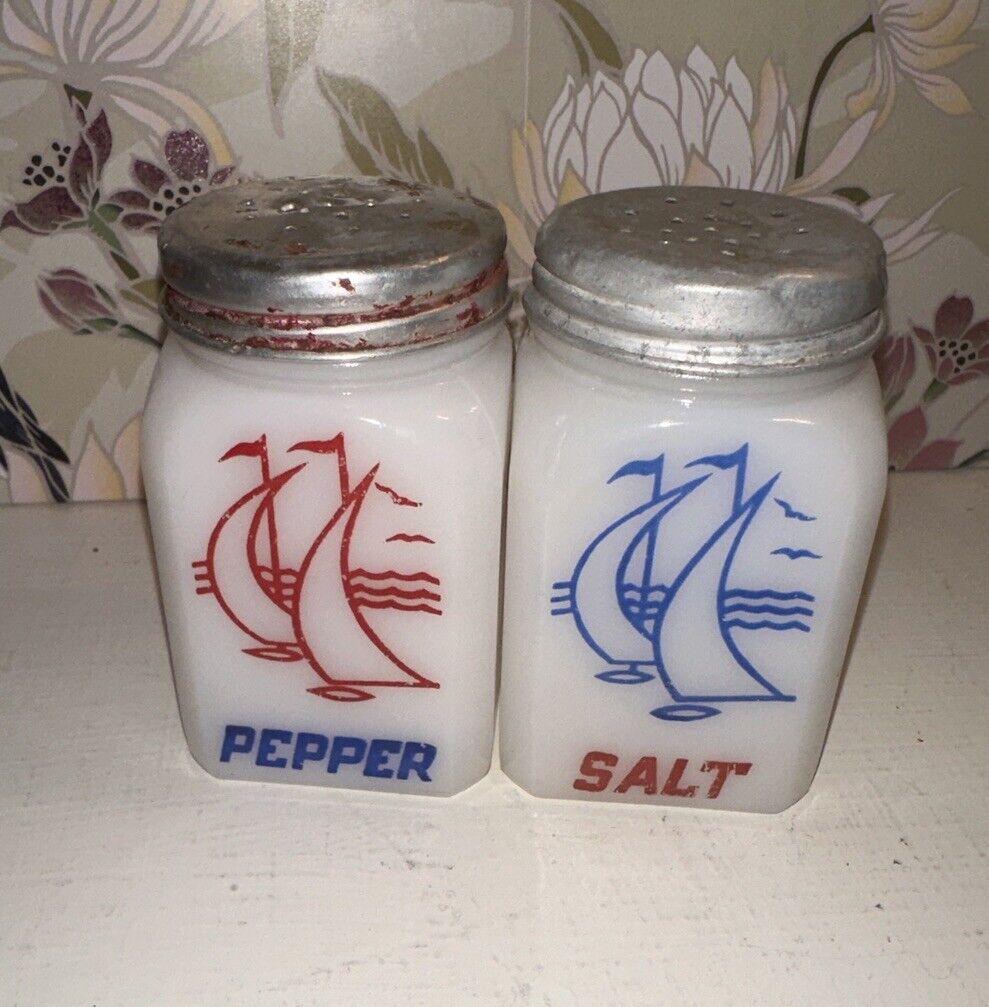 Vintage Hazel Atlas Milk Glass Salt & Pepper Shakers Red & Blue 2 Sailboats