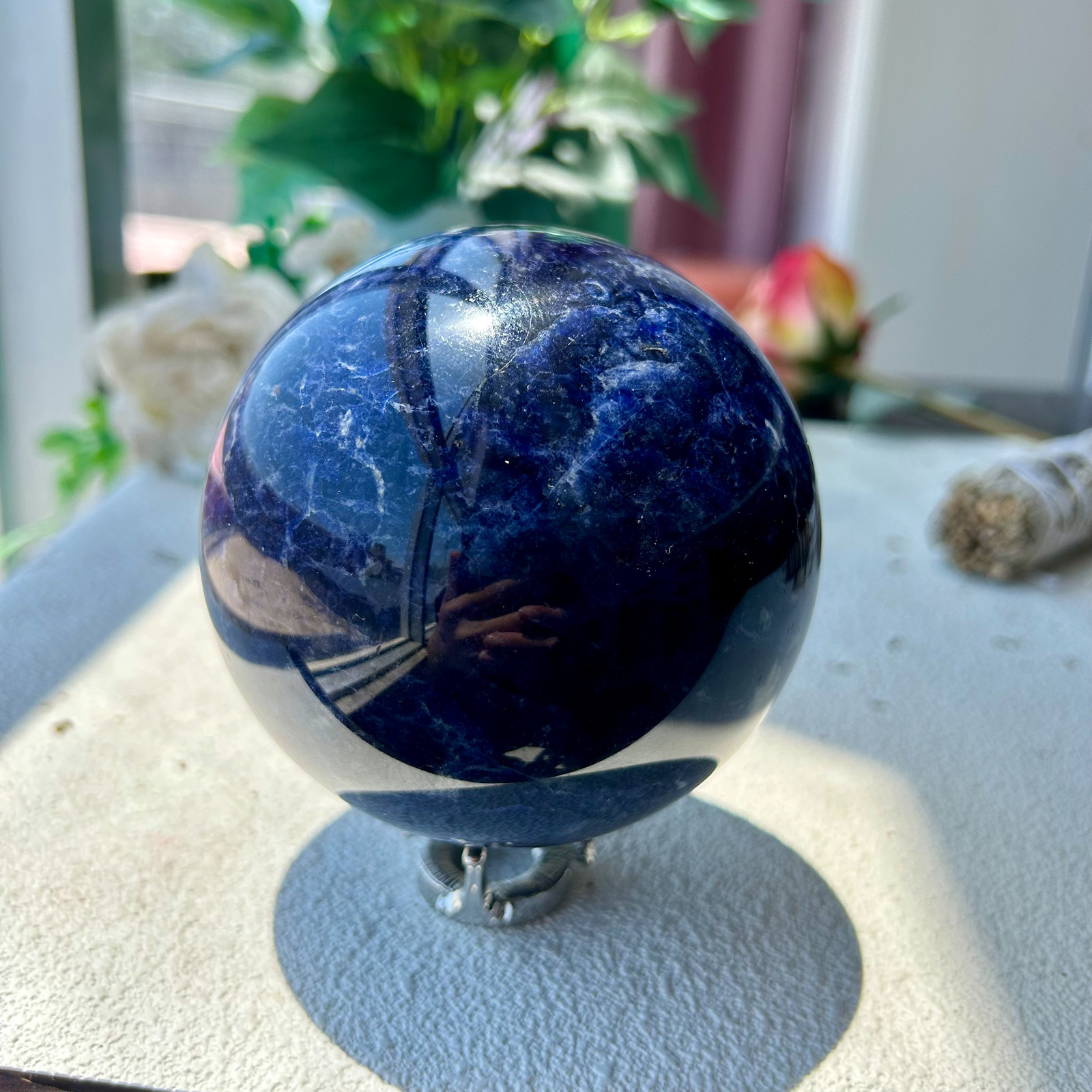 1155g Natural Blue Sodalite ball Quartz crystal Sphere Display Healing 95mm 3th