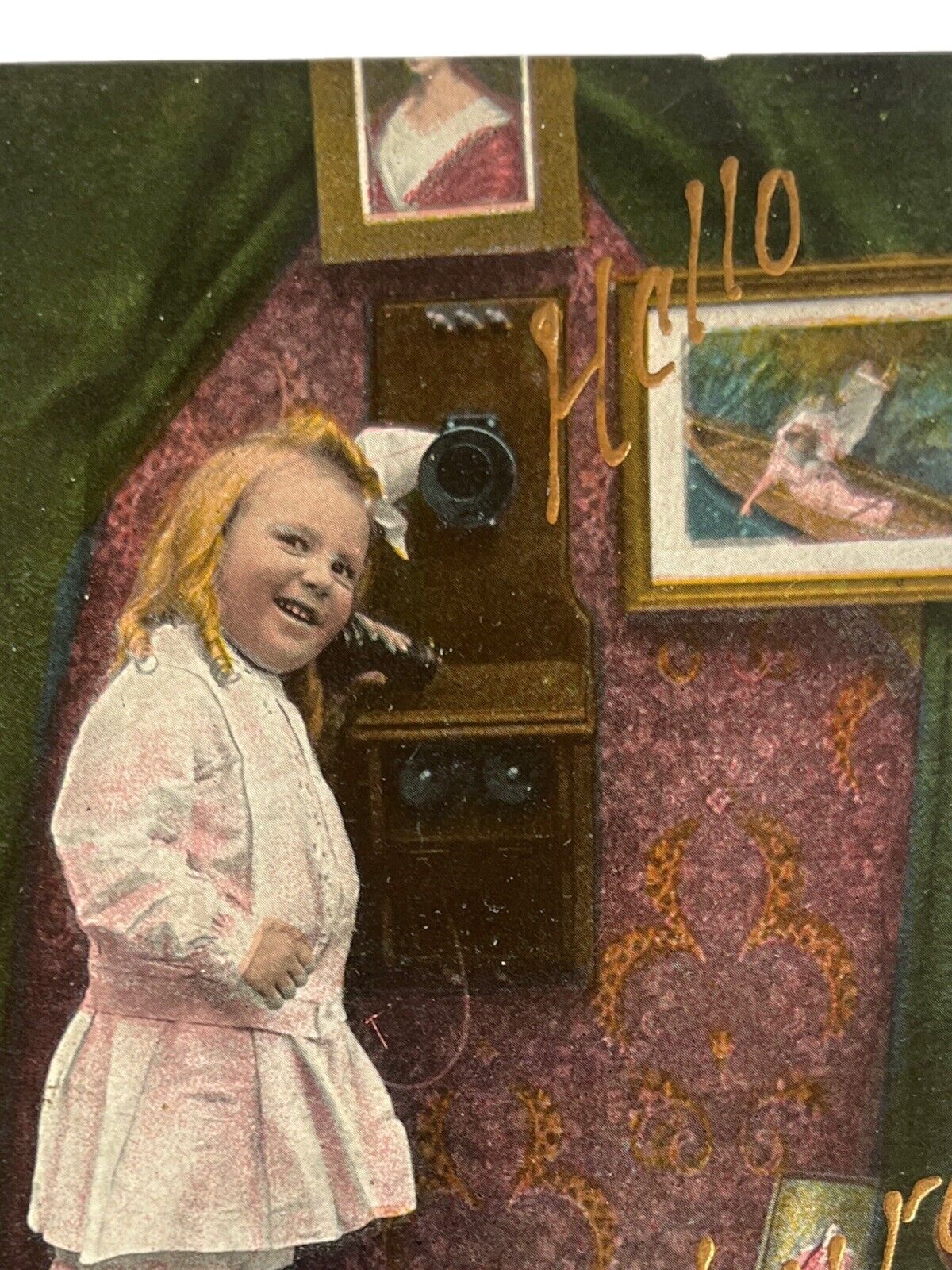 Atq WWI Era Postcard 1916-18 Ephemera Little Girl Talking On Wall Phone Litho