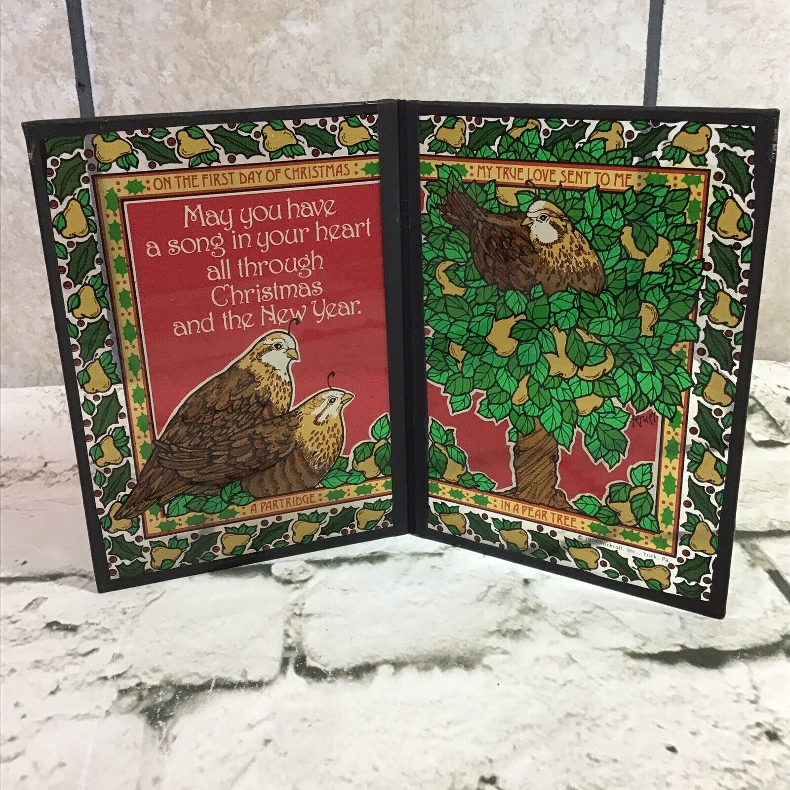 Vintage 1979 Folding Stained Glass Suncatcher The 12 Days Of Christmas Partridge