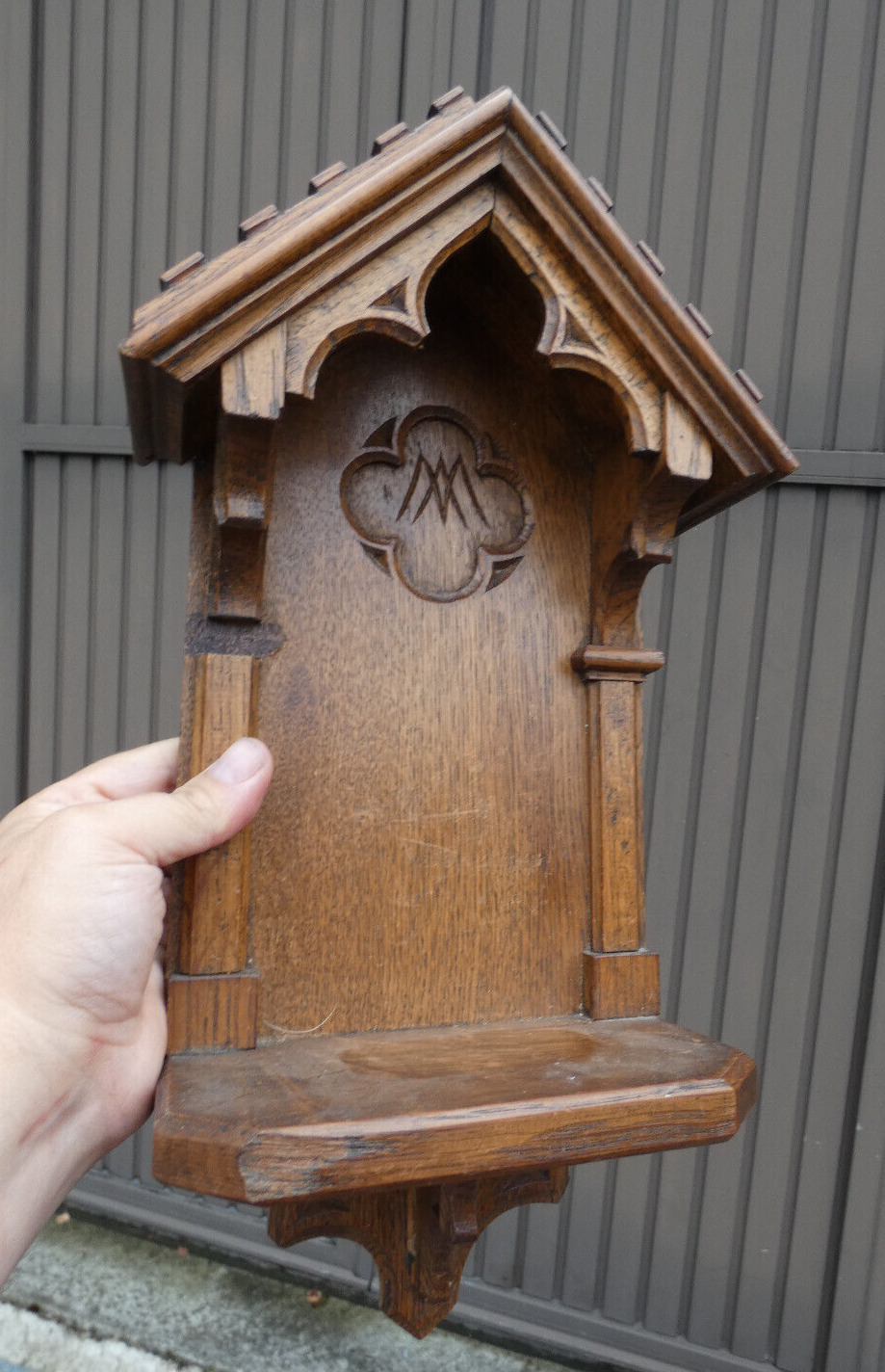 Antique neo gothic wood carved shrine chapel for saint statue