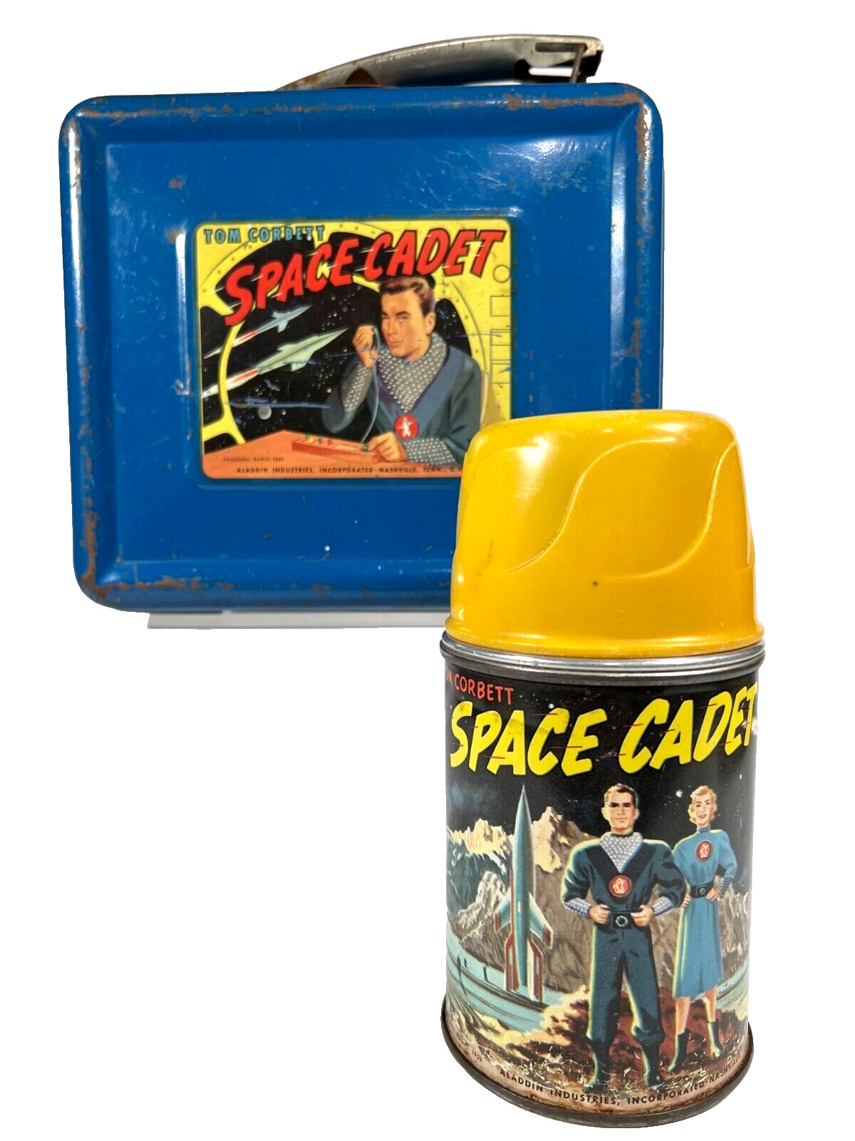 Original Aladdin Ind. 1952 Tom Corbett Space Cadet Blue Metal Lunchbox & Thermos