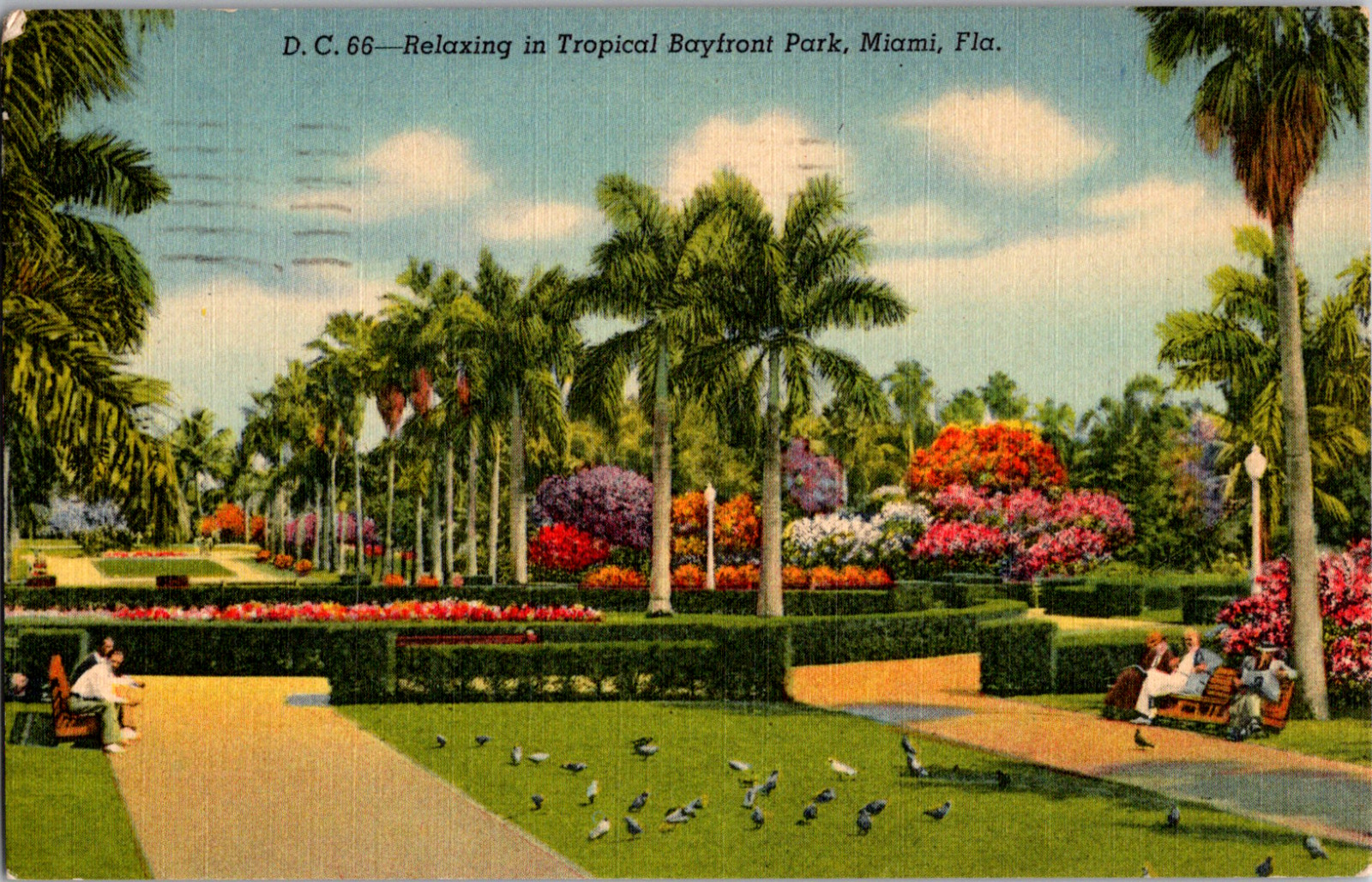 Vintage 1940s People Sitting on Benches, Bayfront Park Miami Florida FL Postcard