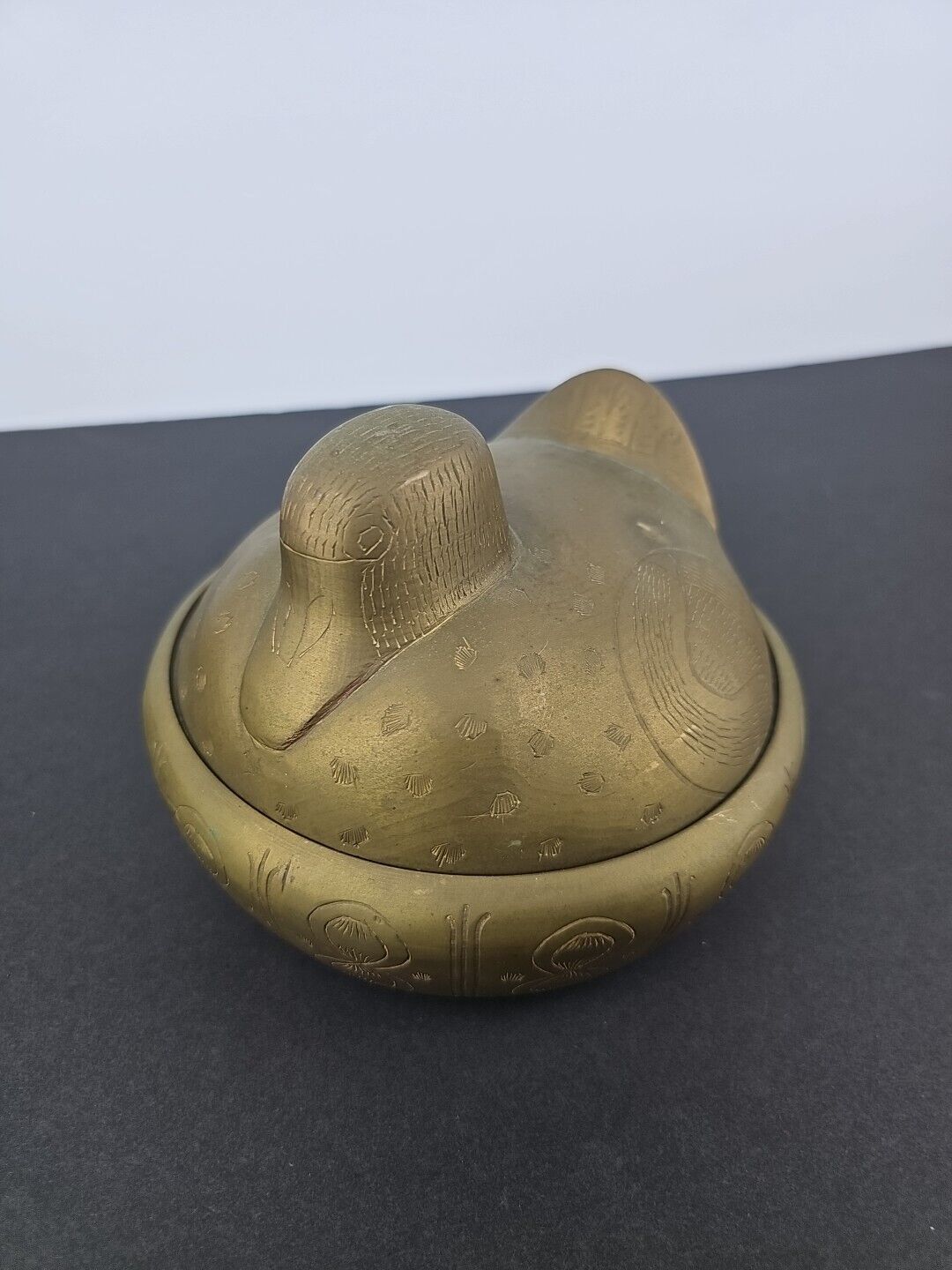 Vintage Hand Etched Brass Bird Shape Lidded Bowl