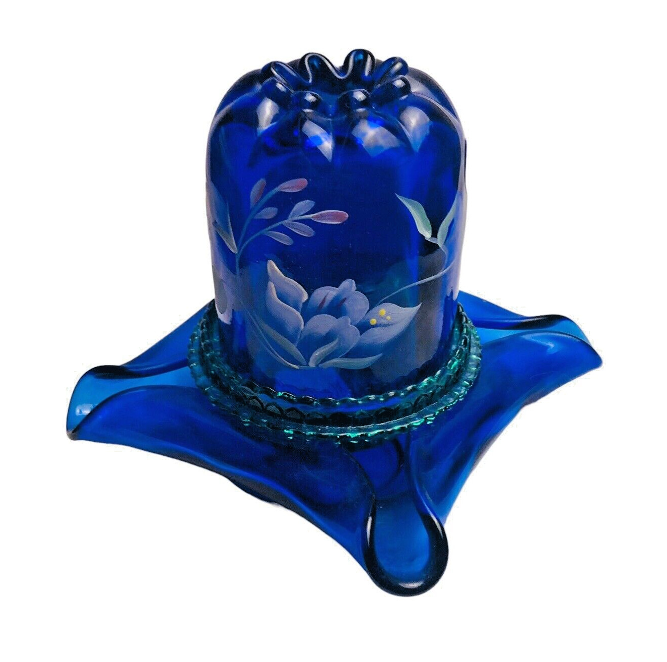 Vtg Fenton Cobalt Blue Floral Hand Painted 3-PC Large Fairy Lamp TJ Mendenhall