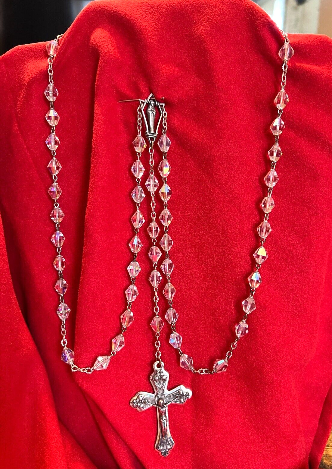 Vintage Aurora Borealis Crystal Bead & Silver Tone Rosary, 24.5
