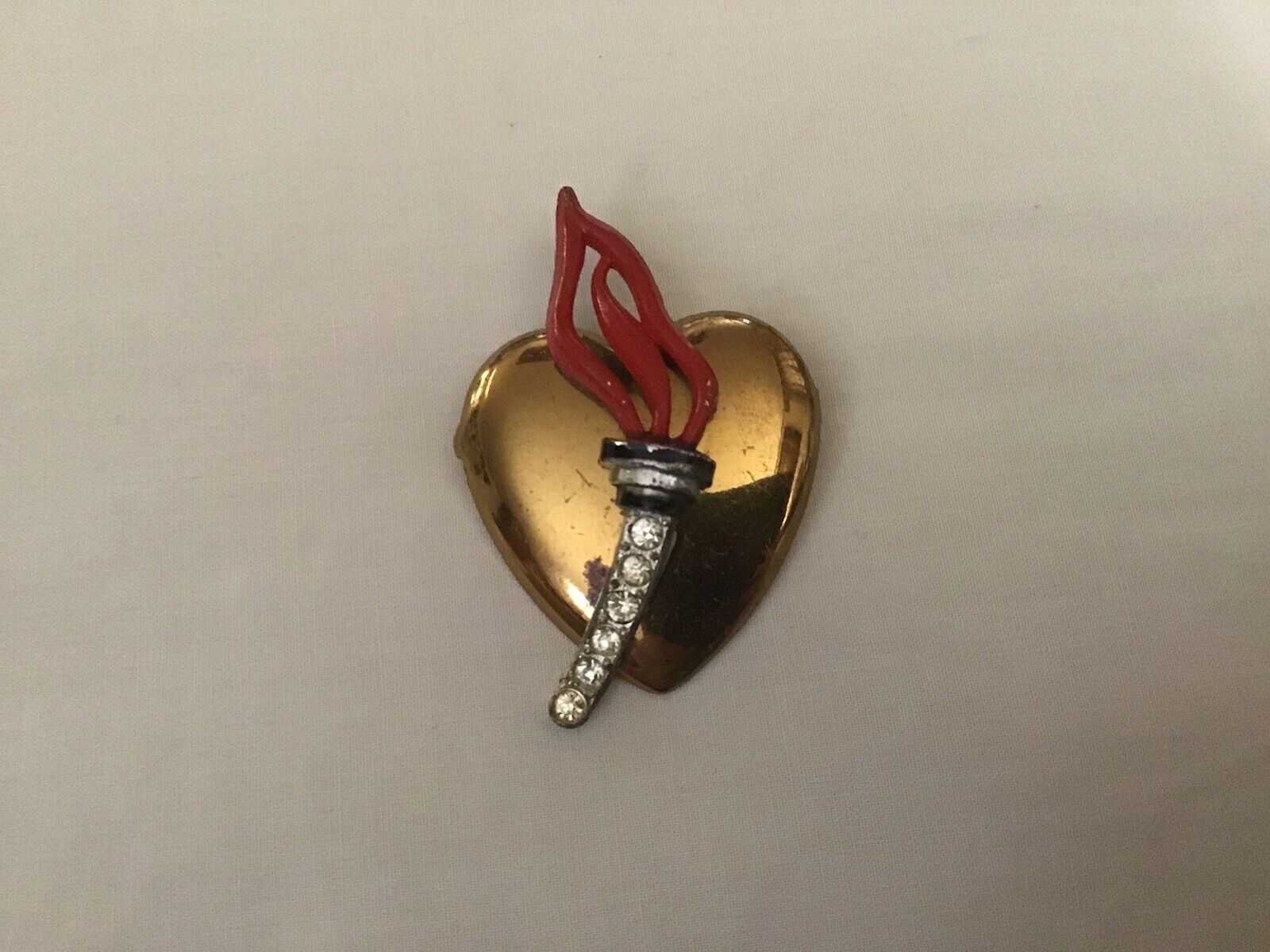 Silbros WWII Patriotic Heart & Liberty Torch Victory Pin Gold Wash Enamel Pave