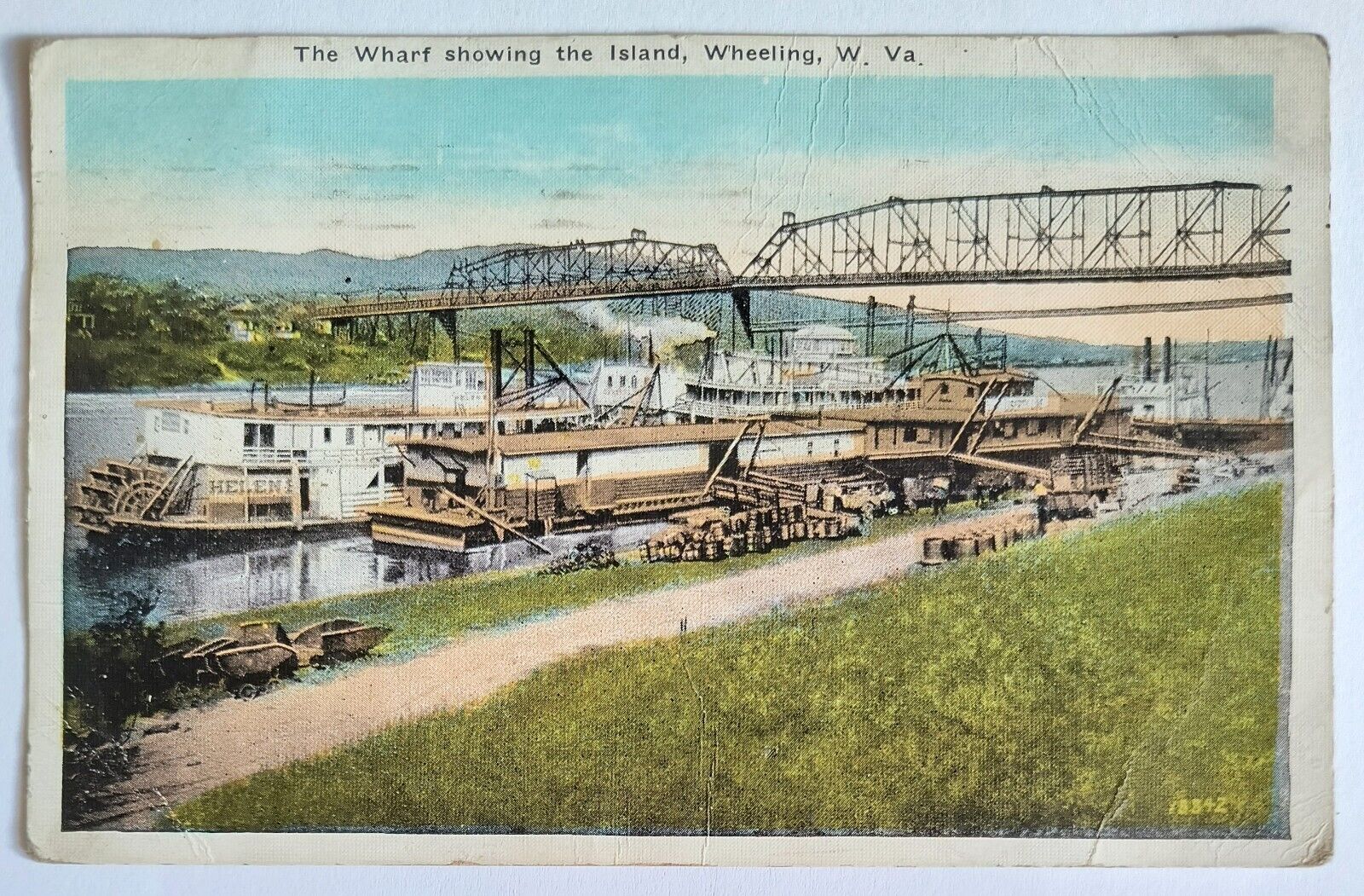 Wheeling WV West Virginia Wharf showing the Island Vintage 1925 Postcard C1