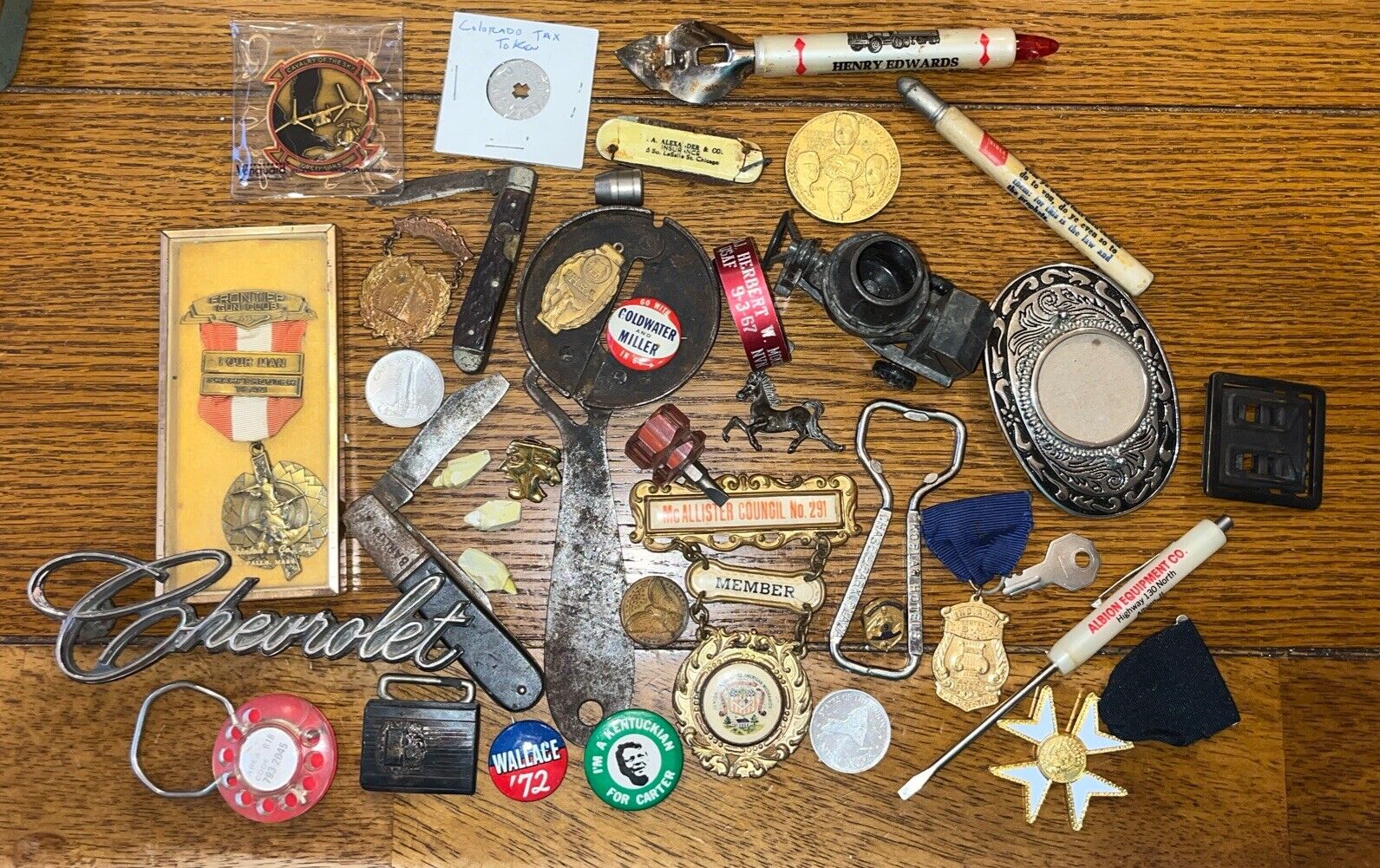 Estate Vintage Junk Drawer Lot Tokens Rifle Medal Knives Political Pins 1896