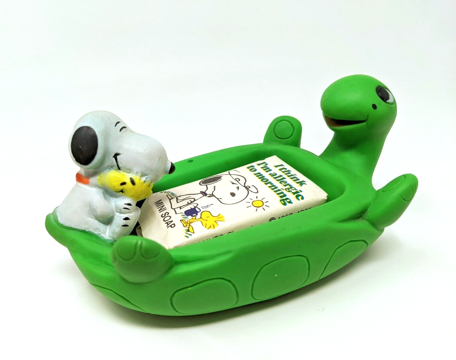 VTG 1958 Snoopy & Woodstock Sitting on Green Turtle Soap Dish + Mini Soap Rare