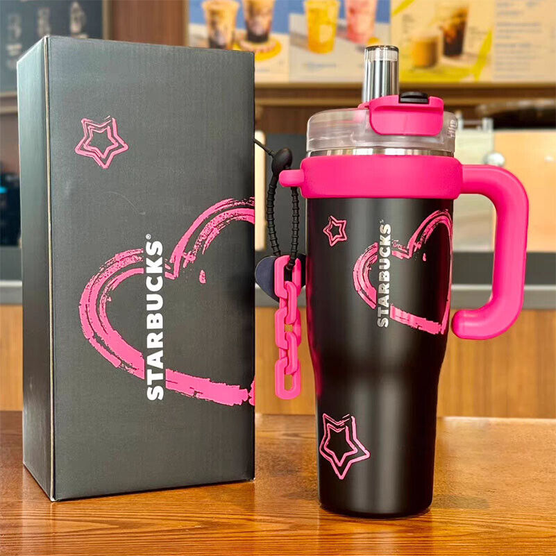 Authentic Starbucks China 2024 Sweet Cool Pink Heart Black 43oz SS Tumbler Cup
