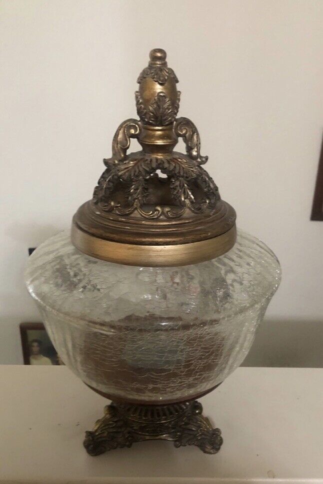 Vintage Gold And Clear Crackled Glass Ornate Decor Jar