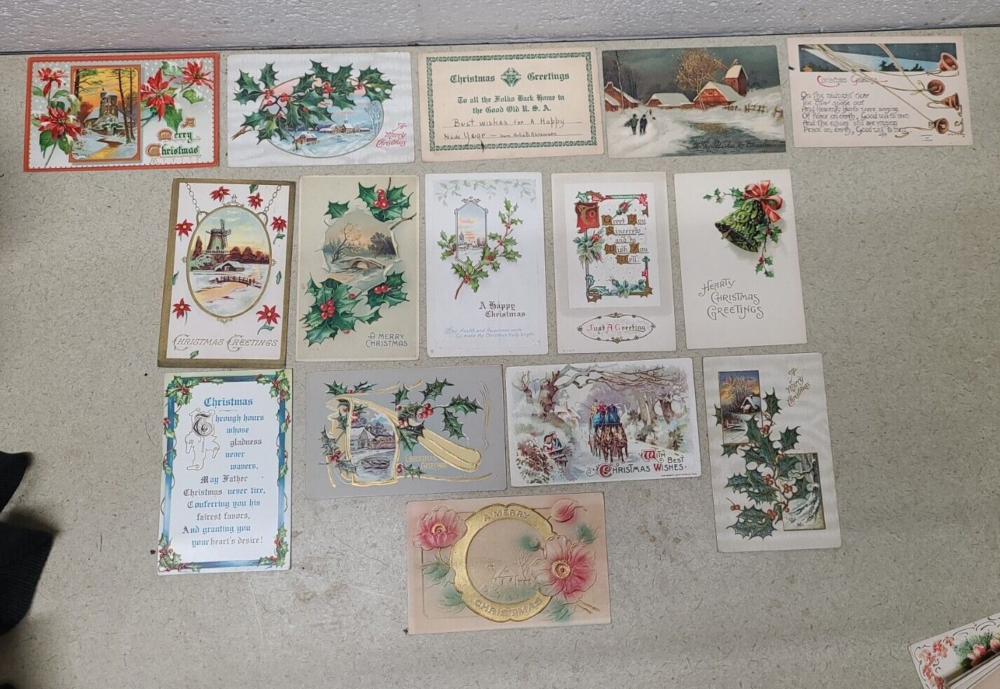 15 pc Antique Vintage Postcards Lot Merry Christmas 1910\'s 1 Cent Stamps