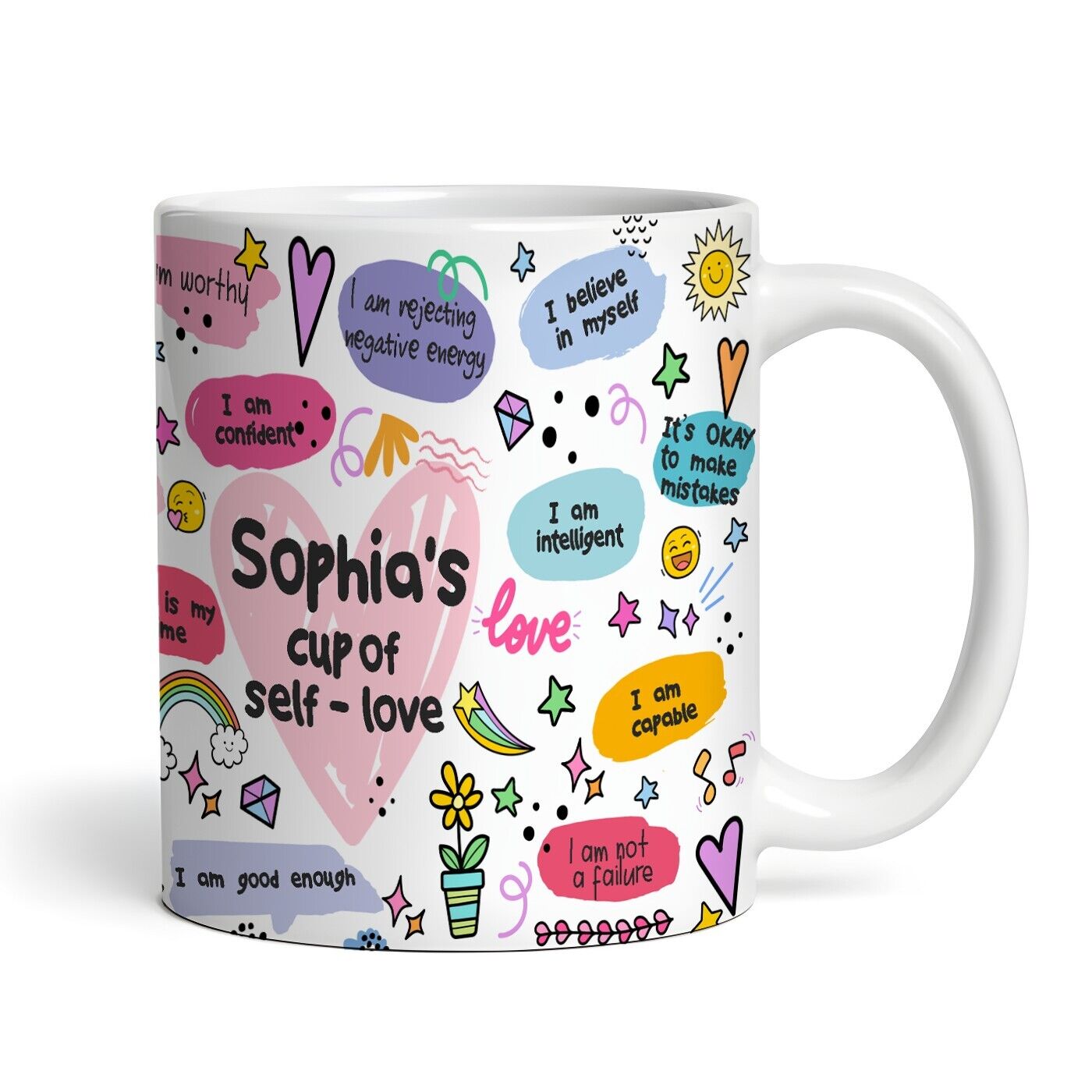 Colourful Doodle A Cup Of Self Love Positive Affirmations Gift Personalised Mug