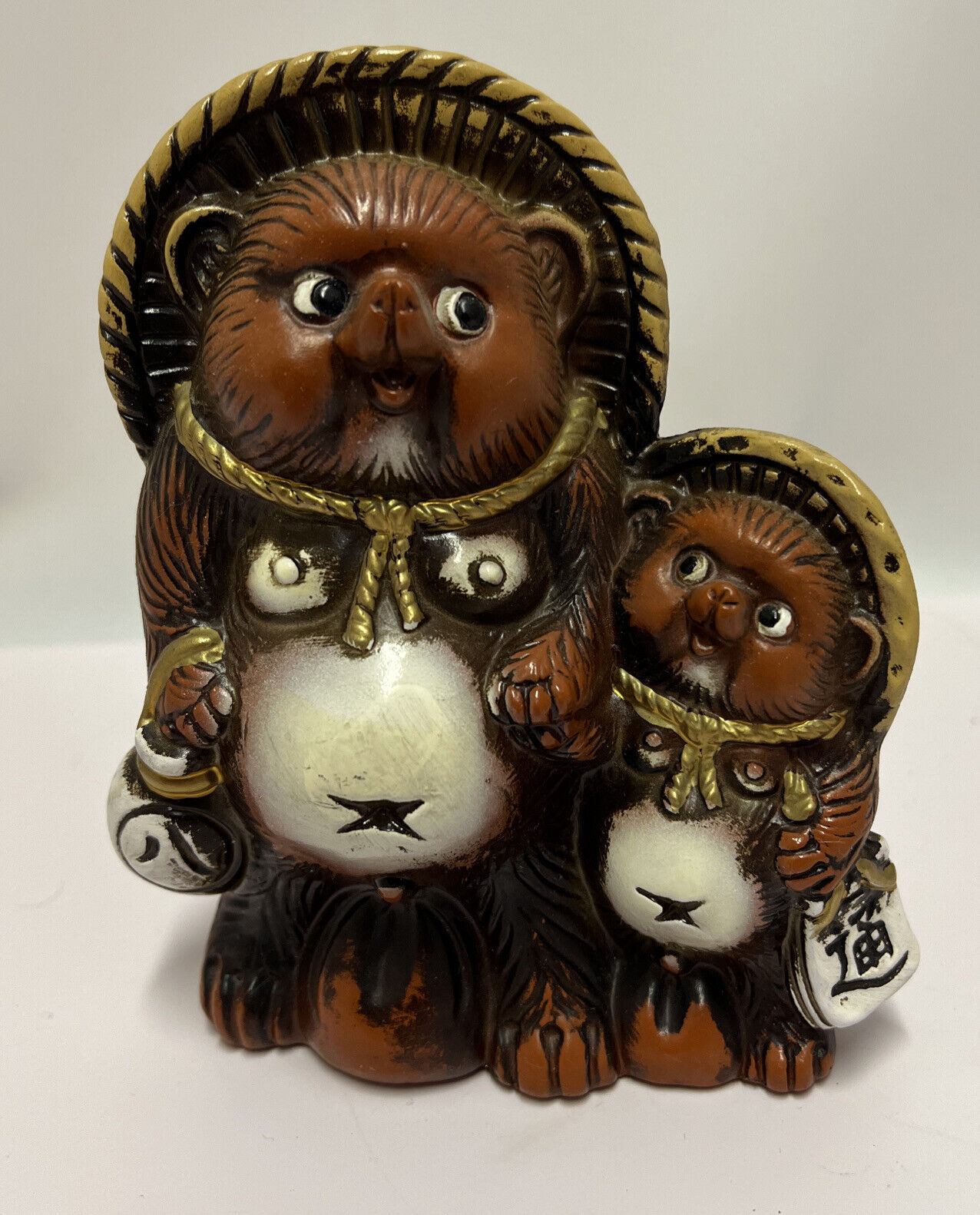 Shigaraki ware Japanese Ceramic Bank Lucky Bear With Son Brown made in Japan
