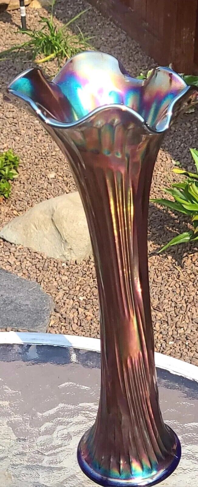 Fenton Carnival Cobalt Blue Carnival  Flute Vase 13 inch
