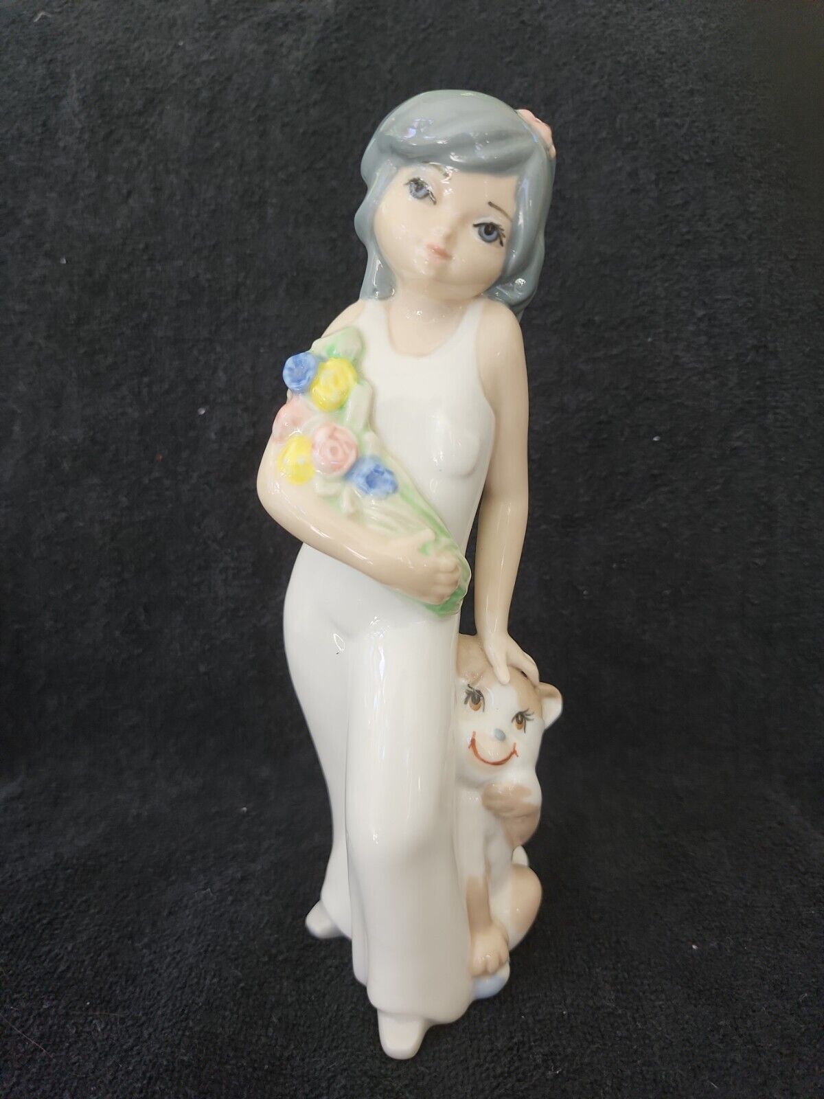 Vintage CASADES Porcelain Girl Woman Large Eyes Figurine Dog & Flowers Spain