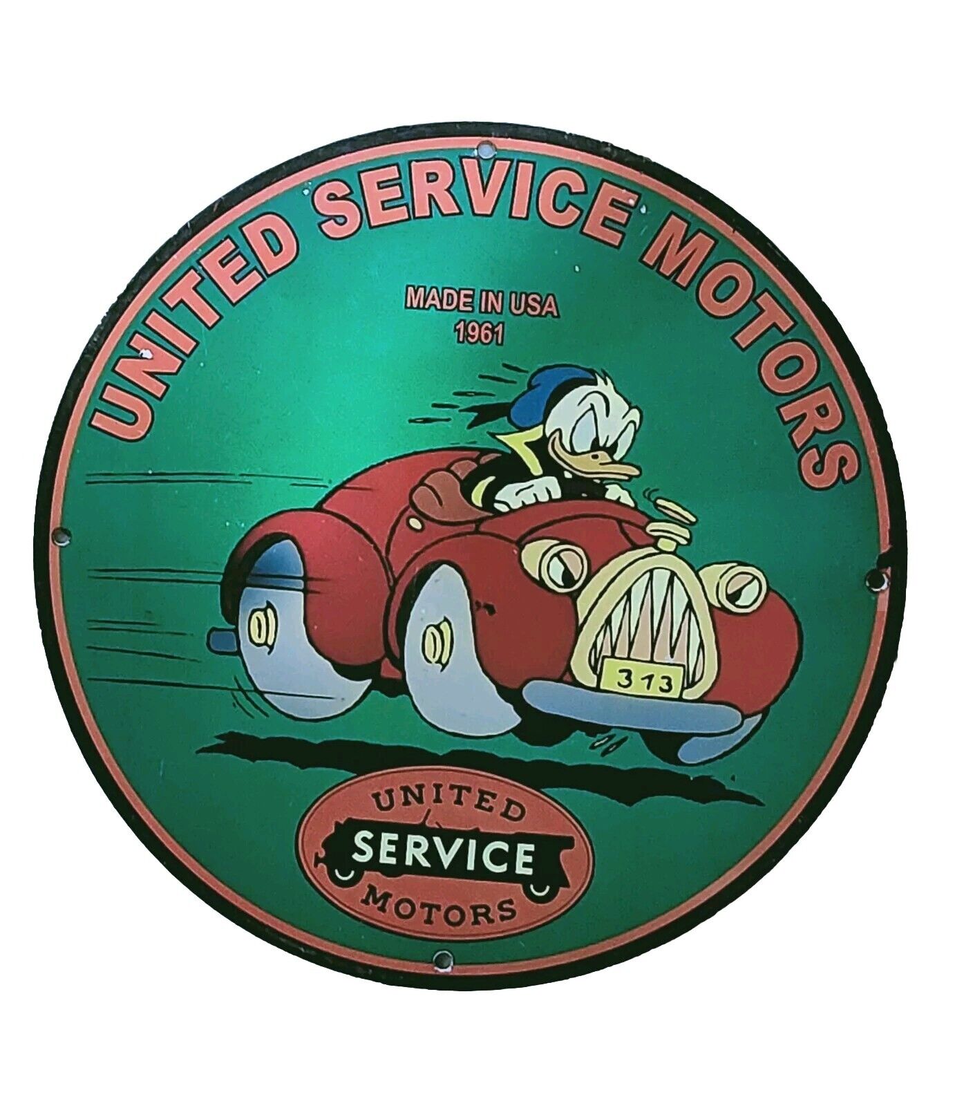 VINTAGE 1961 UNITED SERVICE MOTORS PIN UP MAN CAVE GARAGE BAR PORCELAIN SIGN 12