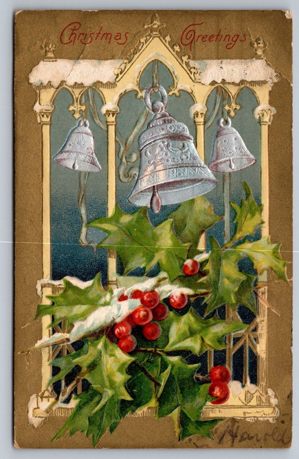 Christmas Greetings-Antique Embossed German Postcard c1907-Bells and Holly