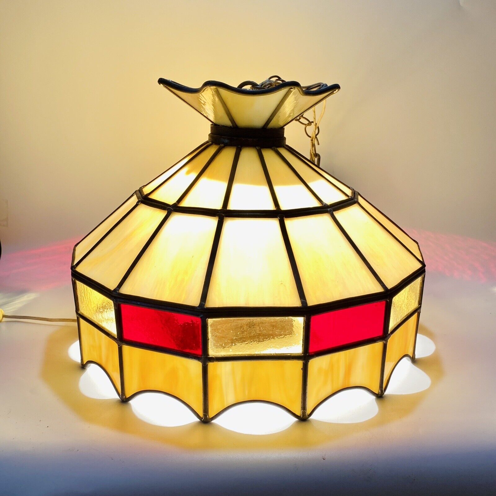 Vintage 1970’s Hanging Leaded Stain Glass Ceiling Mount Lamp Swag Light