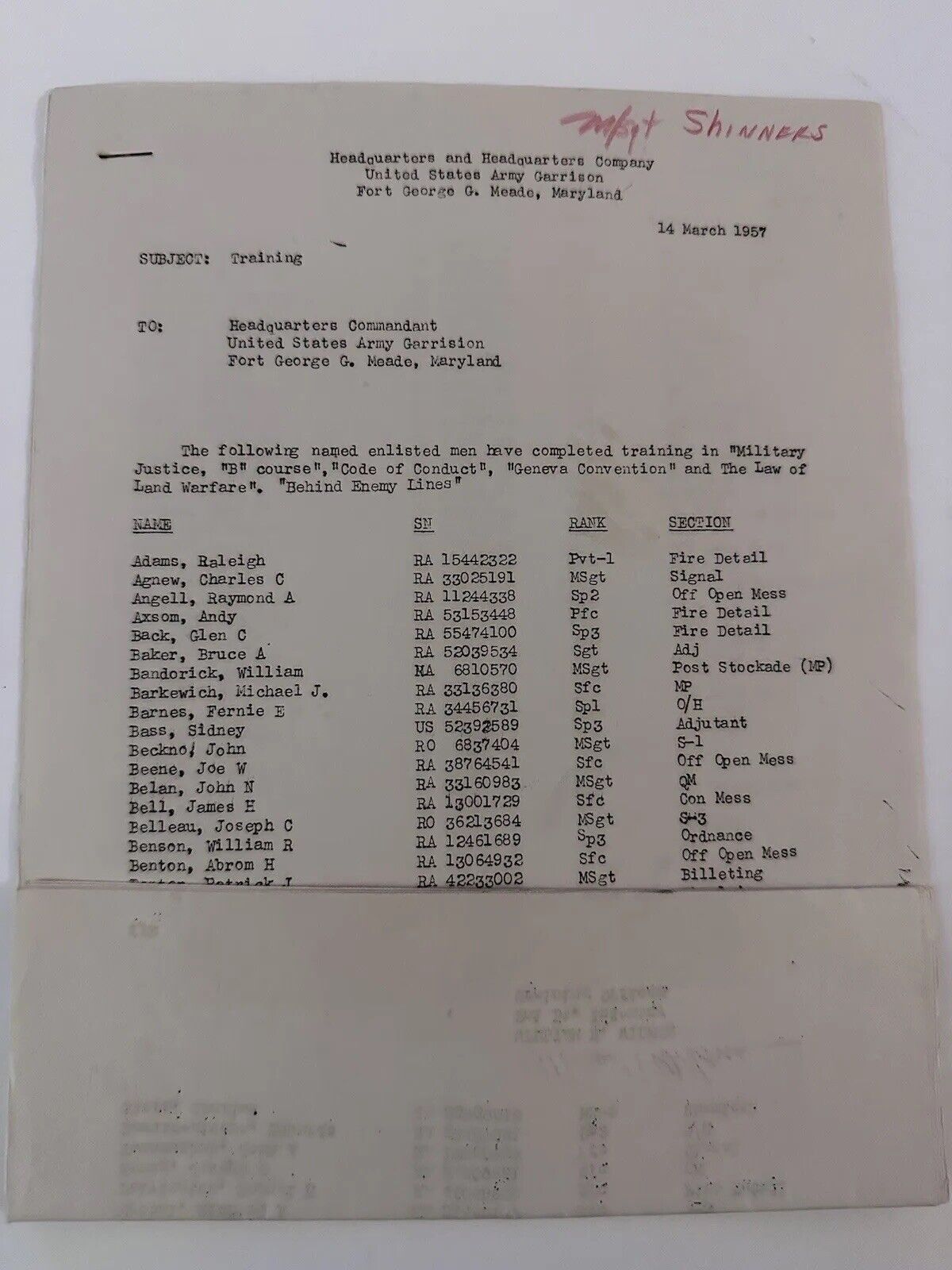 1957 Fort Meade Training List & Correspondence Ephemera