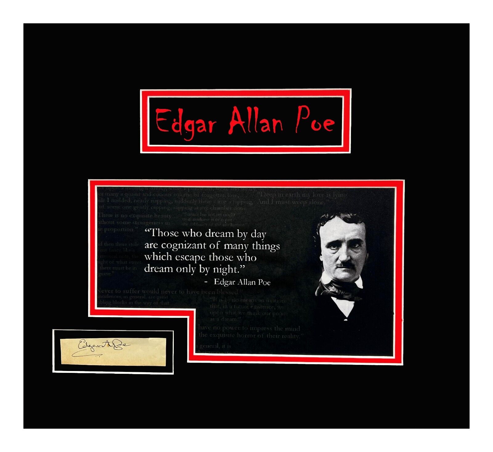 Edgar Allan Poe Autograph Signature Cut Museum Framed Ready to Display