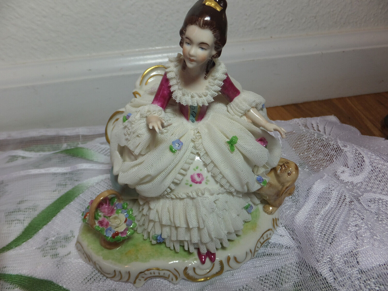 Unique Dresden porcelain figurine German lace art- Lady with dog and flower