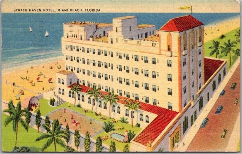 Miami Beach, Florida Postcard STRATH HAVEN HOTEL Bird\'s-Eye View - Linen 1939