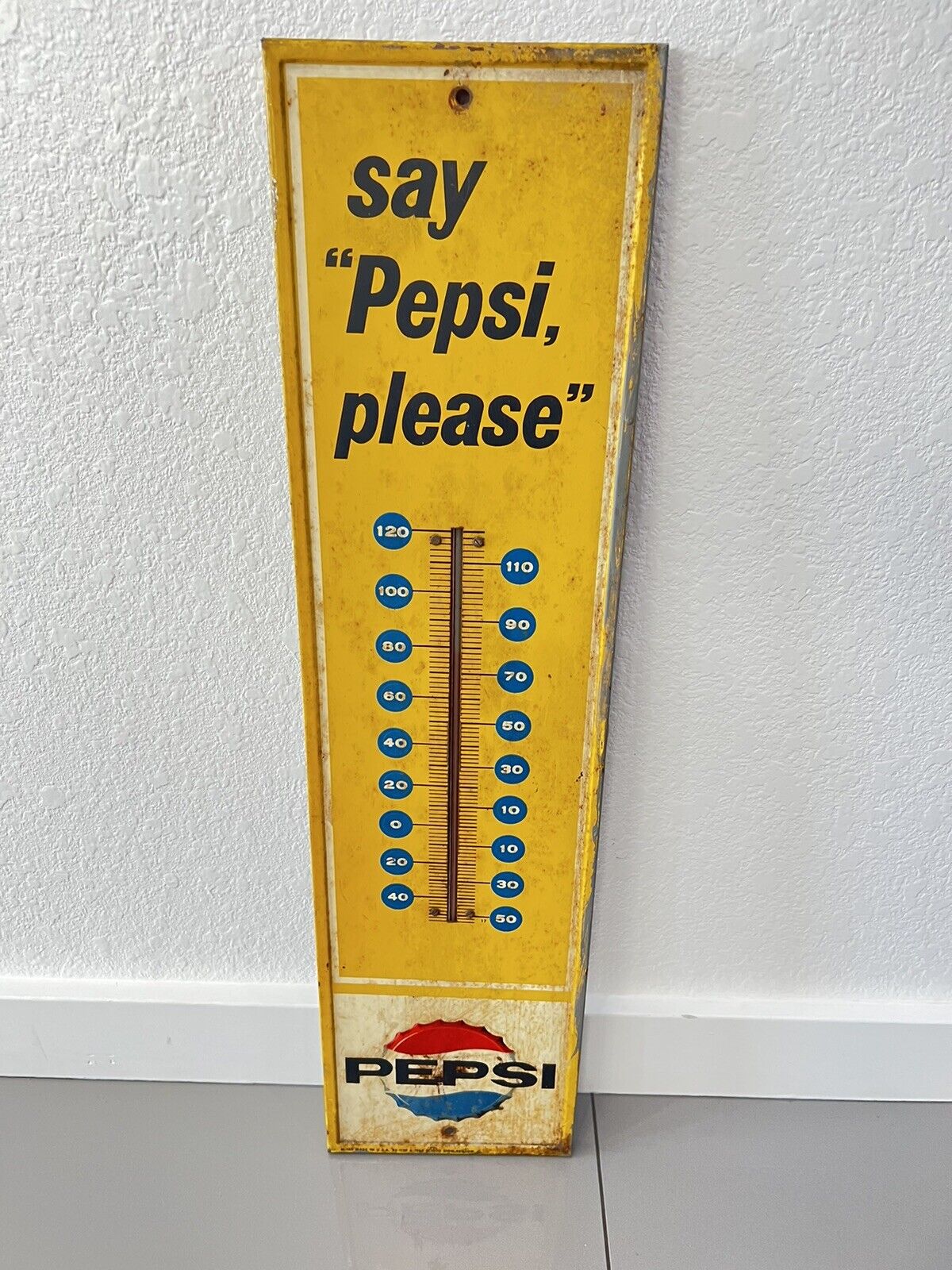 Vntg PEPSI-COLA THE LIGHT REFRESHMENT THERMOMETER Rare Old Advertising Sign 28”