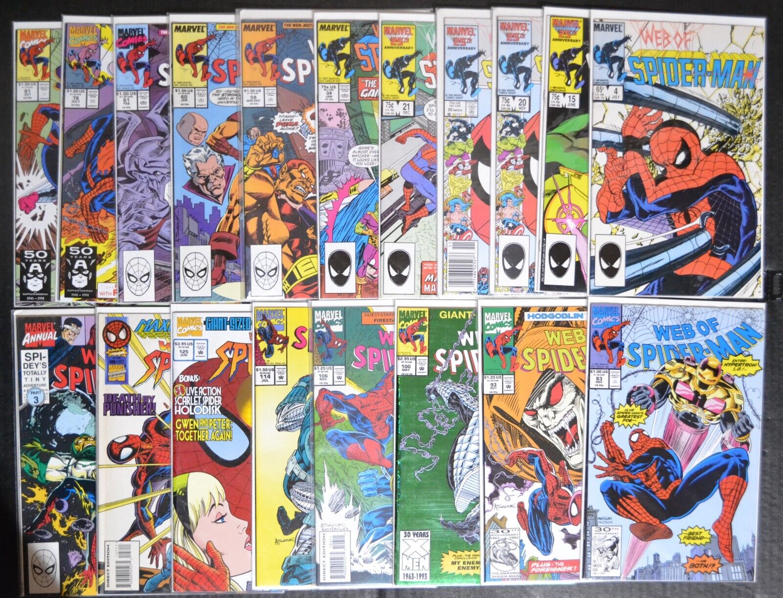 Web of Spiderman (Marvel) Comic Lot, Copper Age; Keys & 1st Appearances
