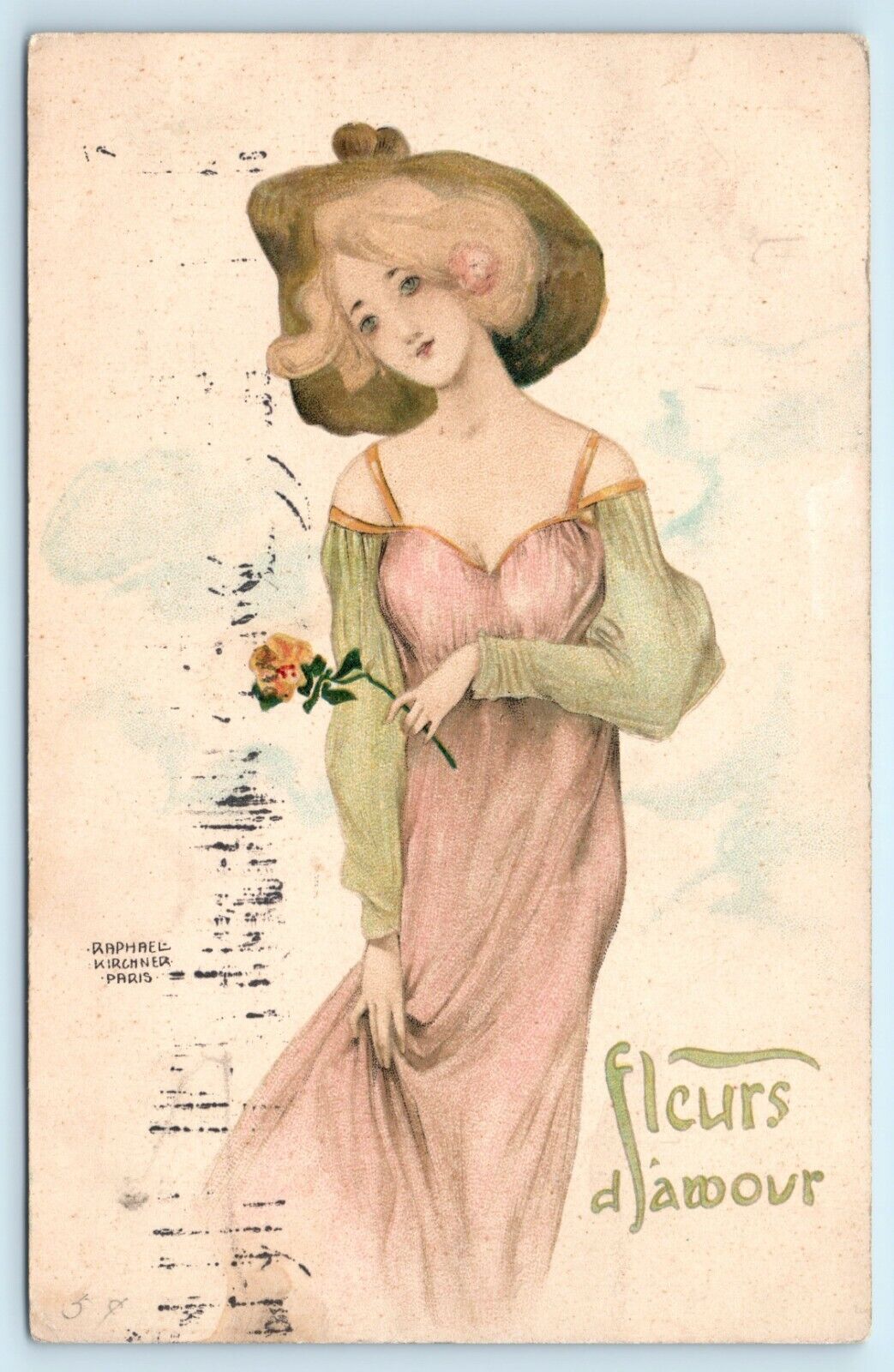 POSTCARD Artist Signed Raphael Kirchner Paris Art Fashion Love Flowers 1908