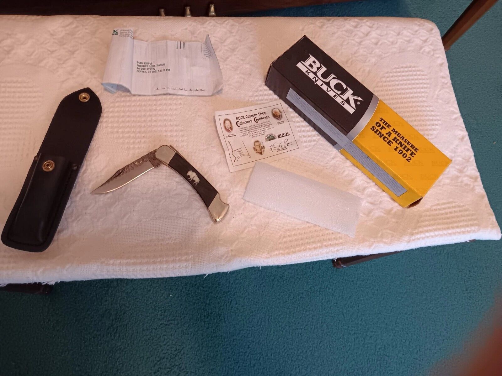 NEW UNUSED CUSTOM BUCK 110 KNIFE BUFFALO INLAY BONE HANDLE, NEW SHEATH BOX CARDS