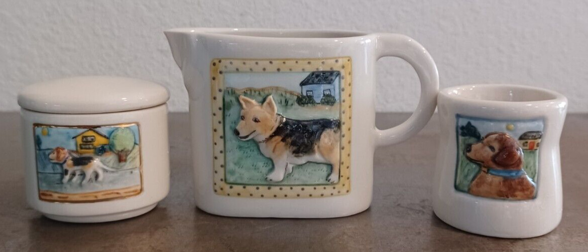 Laura Wilensky Signed Rare Porcelain Creamer Jar & Canister Embossed Dogs