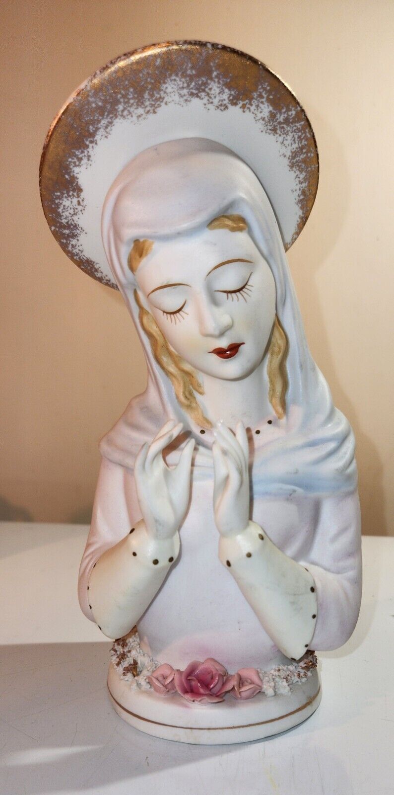 Vintage Lefton Madonna Figurine Prayer Halo Roses