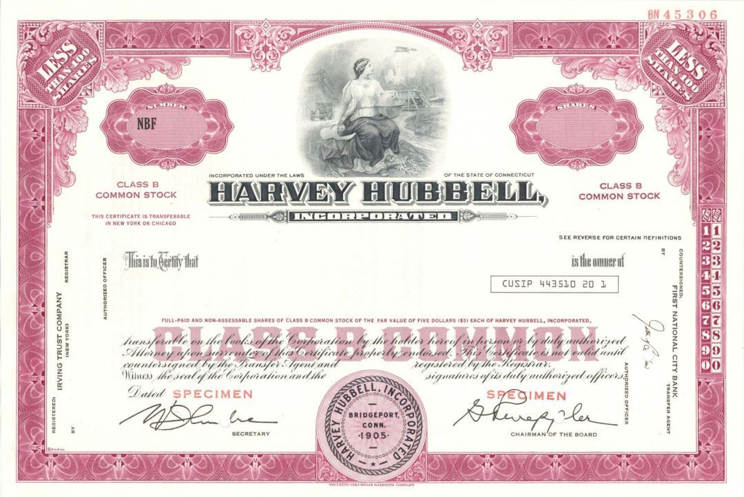 Harvey Hubbell, Inc. - circa 1970's Specimen Stock Certificate - Specimen Stocks