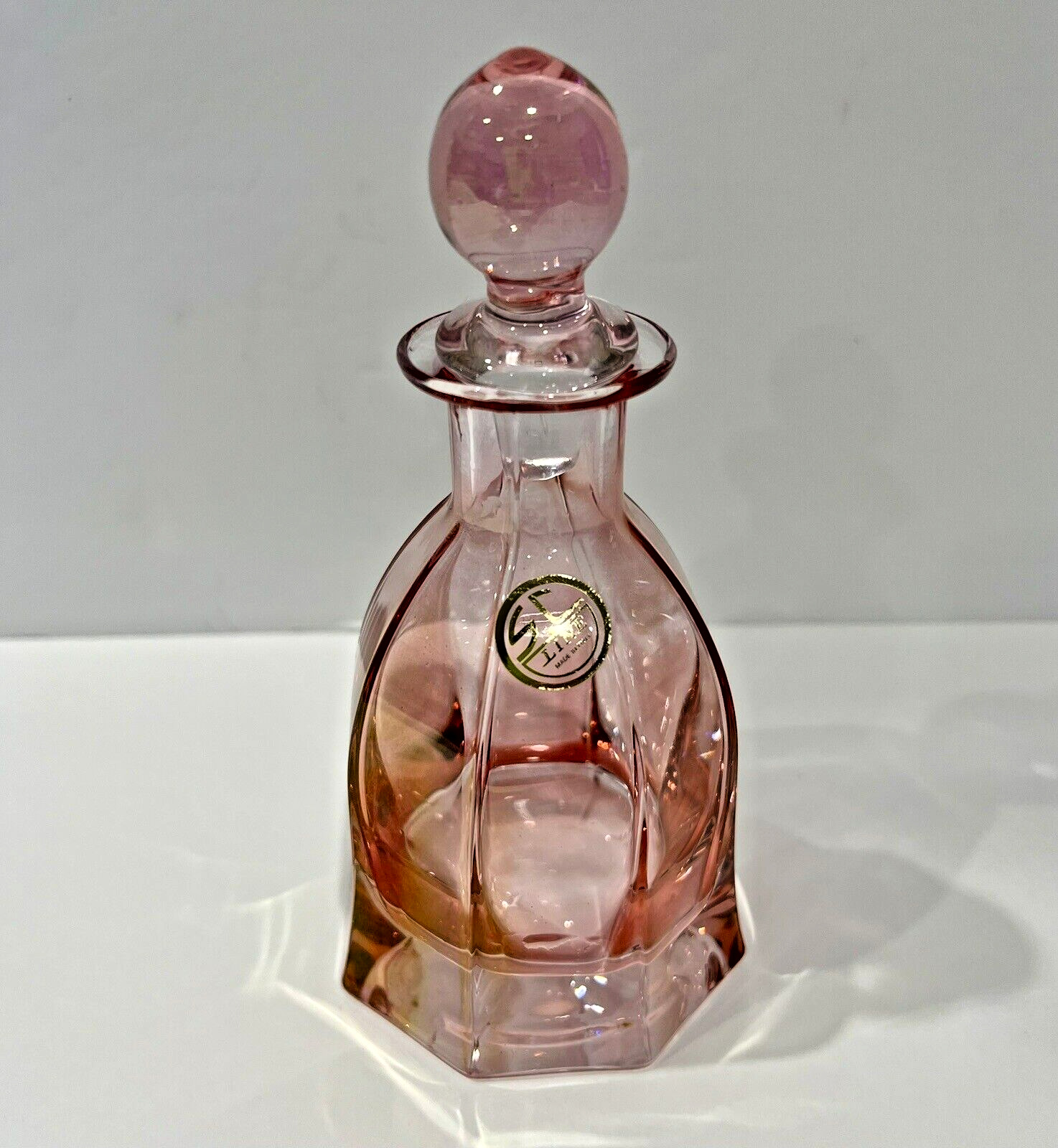 Vintage Pink SC LINE Crystal Glass Hand Made Perfume Bottle with Stopper Italy