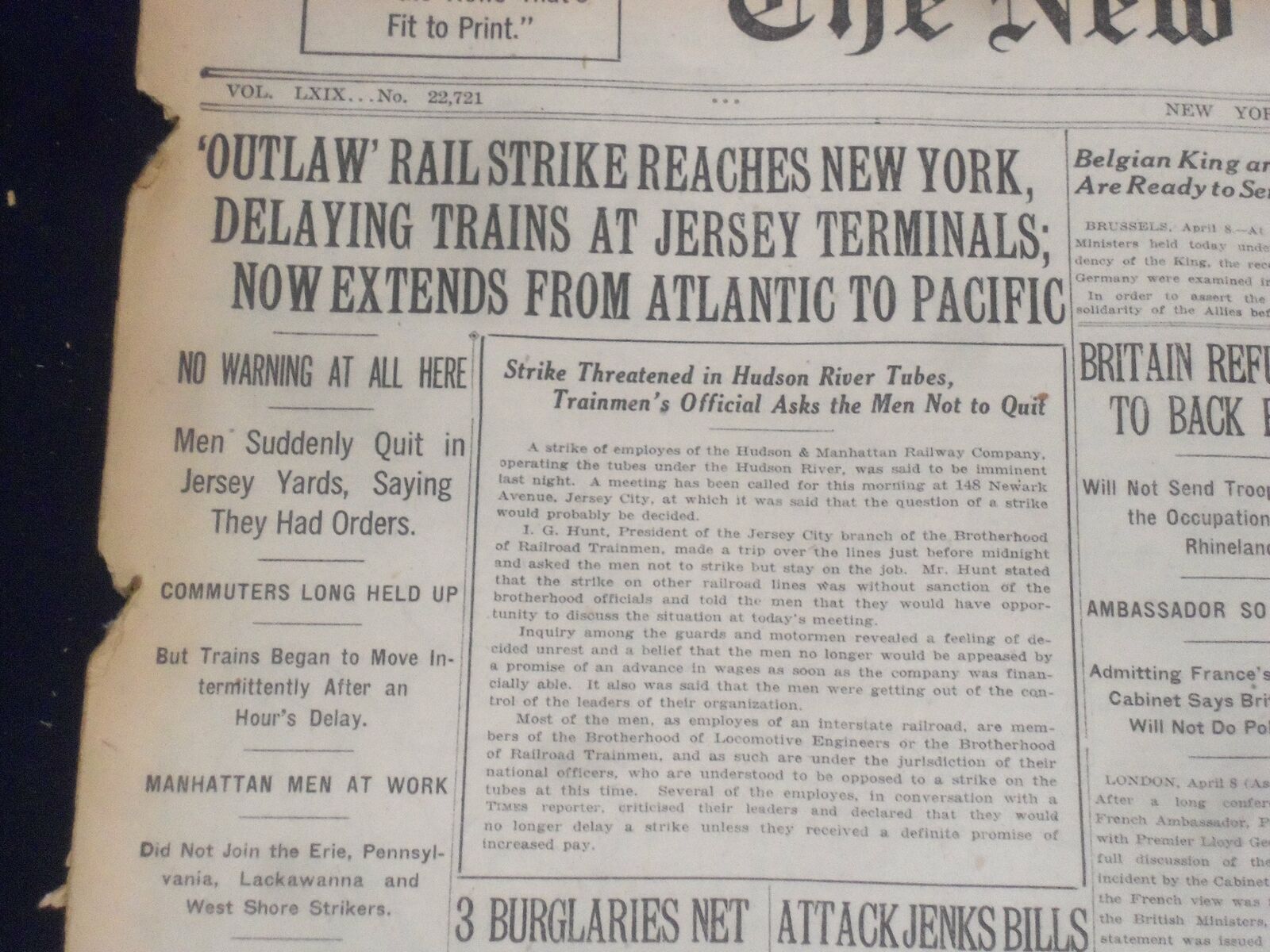 1920 APRIL 9 NEW YORK TIMES - RAIL STRIKE REACHES NEW YORK - NT 8285