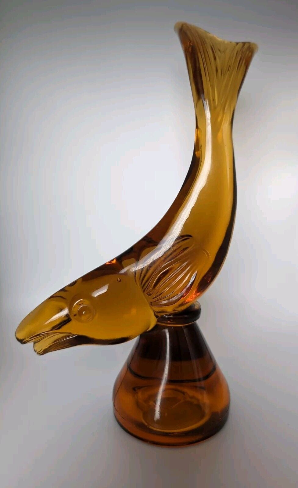 Vintage 1964 Viking Glass Amber Epic Fish Figurine 9 1/2” tall Handmade #1320