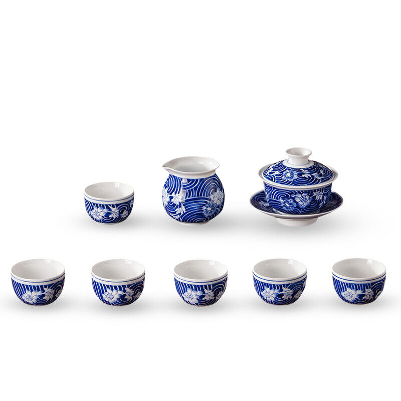 8pc Jingdezhen White Porcelain Hand Painted Blue Porcelain Set of Kung Fu Tea