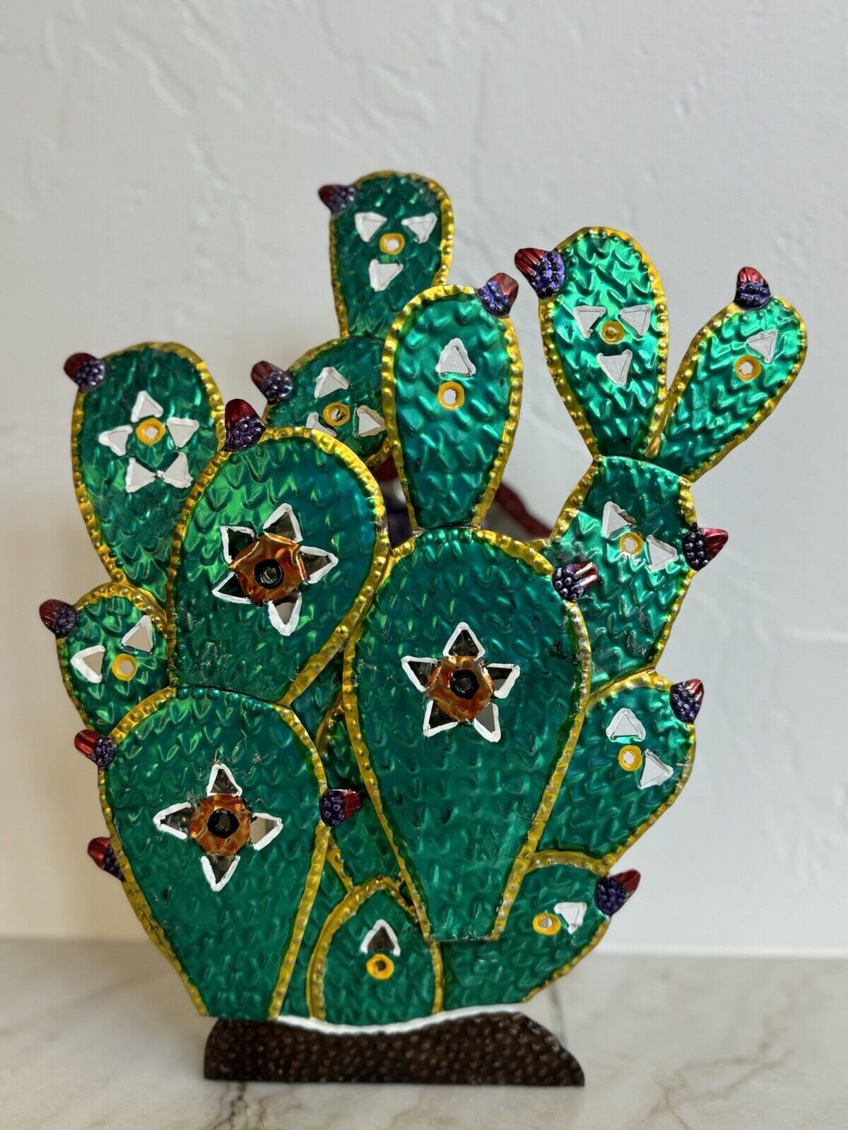 Vintage Mexican Folk Art Punched Pierced Prickly Pear Cactus Candle Holder