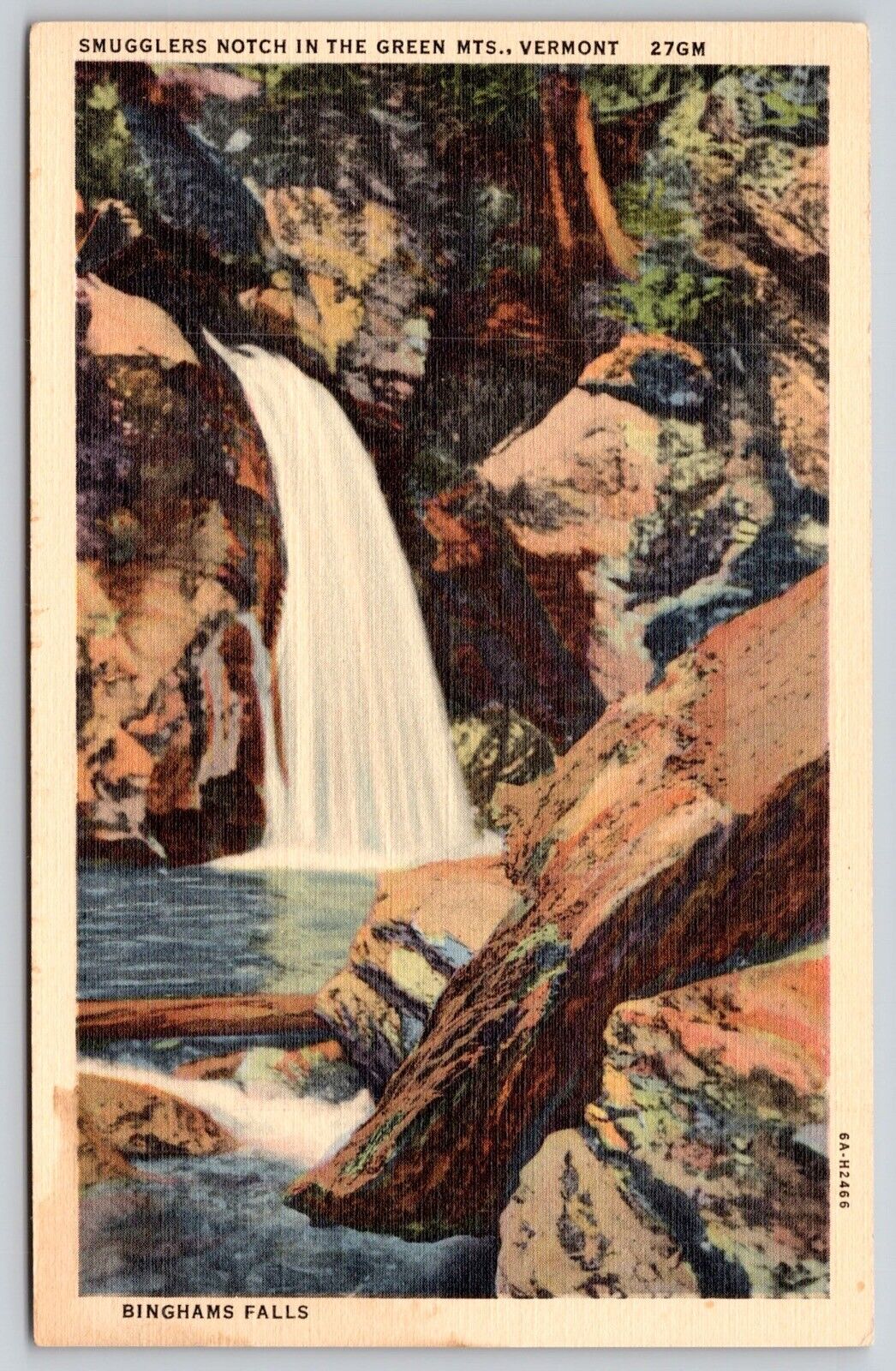 Smugglers Notch Green Mountains Vermont Bingham Falls Waterfall Linen Postcard