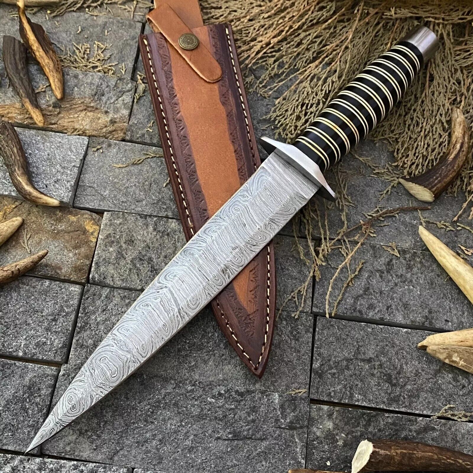 SHARD Custom Handmade Damascus Steel Hunting Bushcraft Bowie Knife with Sheath