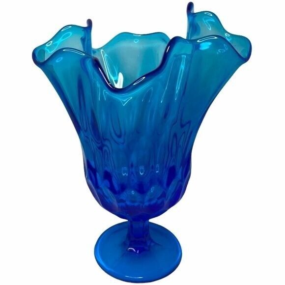 Vintage Fenton Blue Thumbprint Handkerchief Vase 1960s MCM