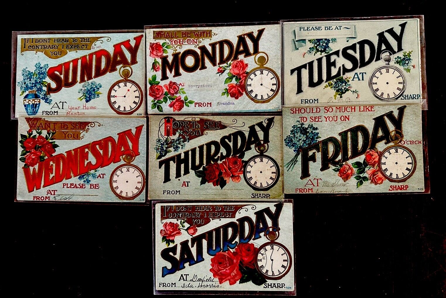 Lot of 7~Days of WEEK~Appointment Greetings~POSTCARDS~Pocket Watches-Clocks~g820