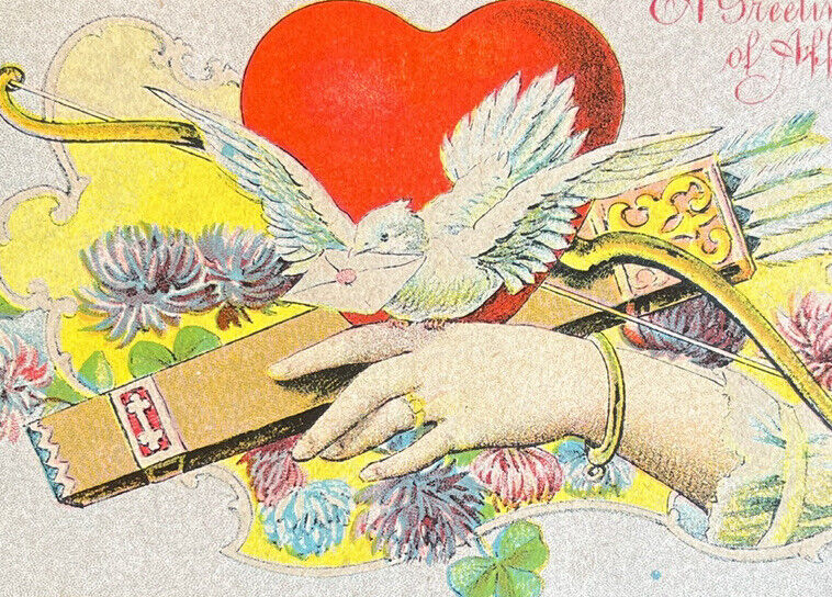 Antique 1916 Ephemera Valentine Greeting Postcard Heart Dove Bow Quiver Arrows