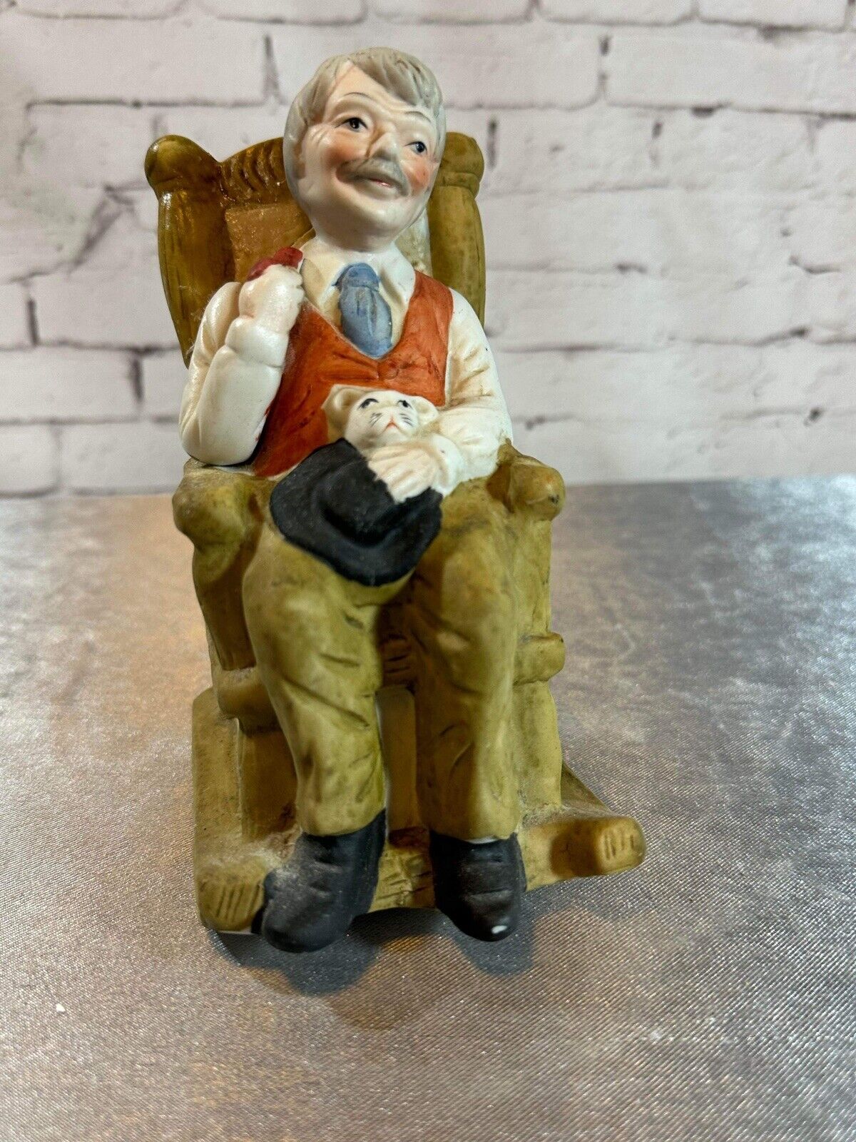 Vintage Ceramic Figurine Old Man In Rocking Chair Smoking Pipe