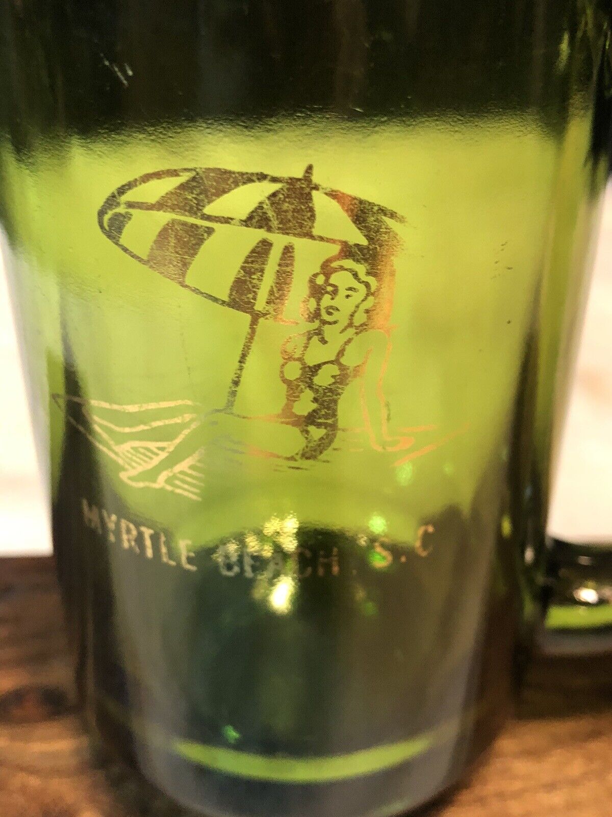 Vintage Myrtle Beach SC Souvenir Green Glass W Gold Writing Beer Mug Stein1970”s