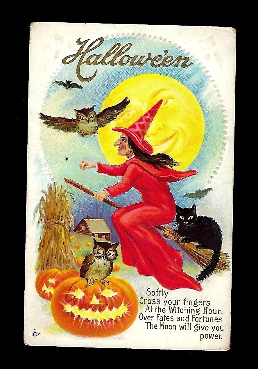 c1912 Stecher Halloween Postcard Red Dressed Witch on a Broom JOL & Black Cat