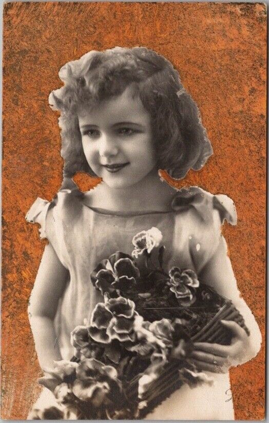 Vintage 1910s European Greetings Postcard Little Girl / Basket of Flowers UNUSED