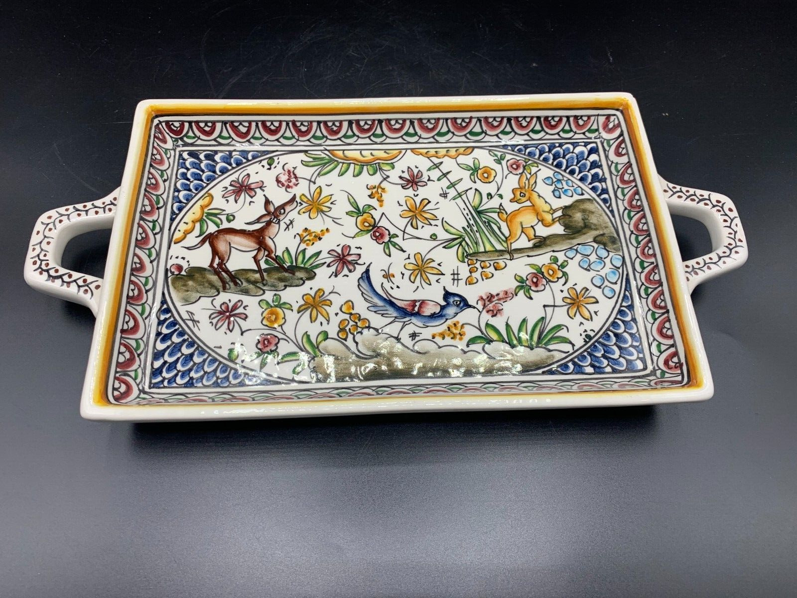 Vintage Hand Painted Real Ceramica Portugal Ceramic Serving Tray Floral and Deer